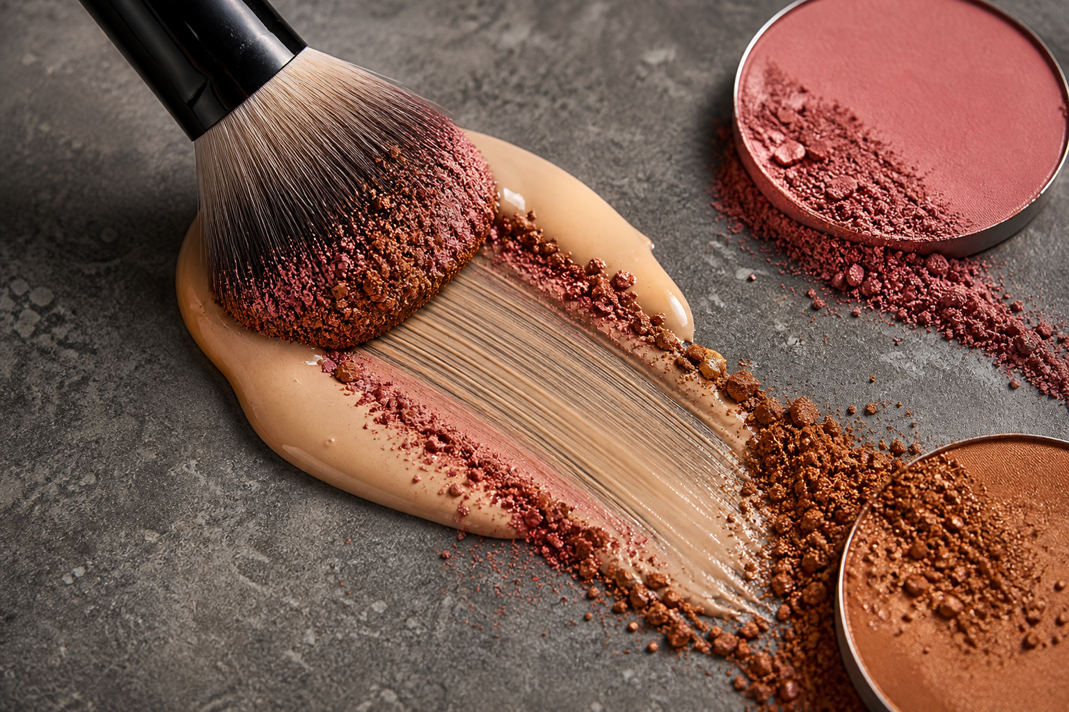 Editorial still life of blush, bronzer, foundation and a makeup brush showing pigment disturbing the base beneath it.