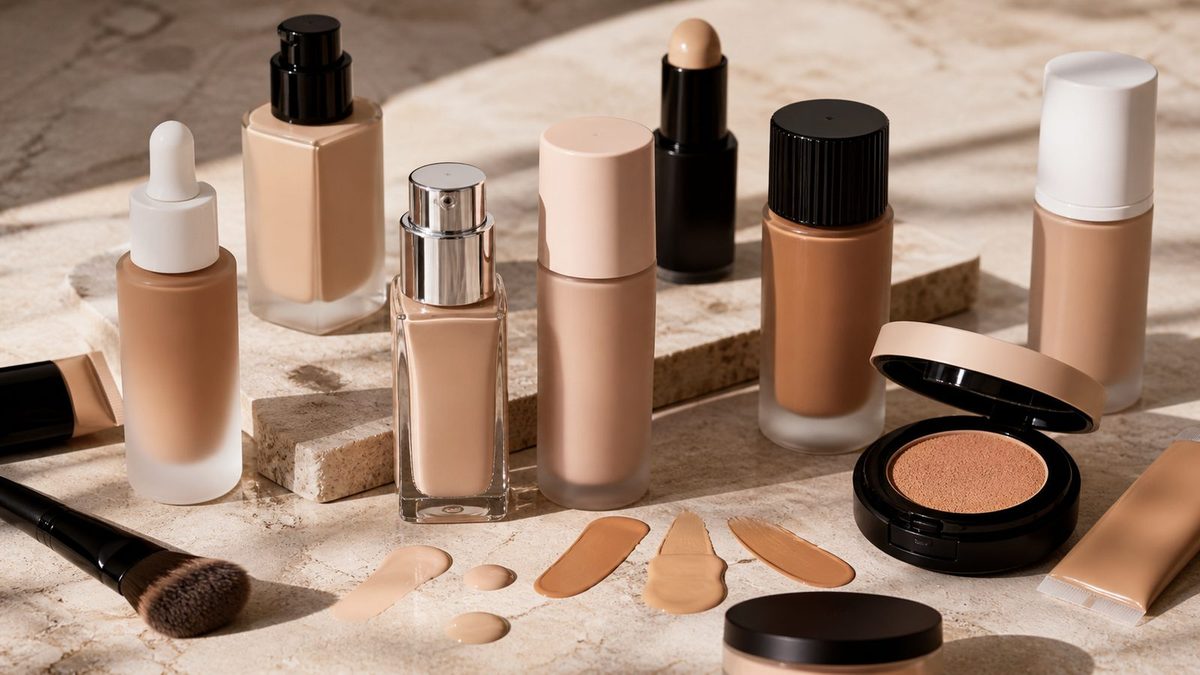 Foundation bottles and complexion products arranged in soft editorial light.