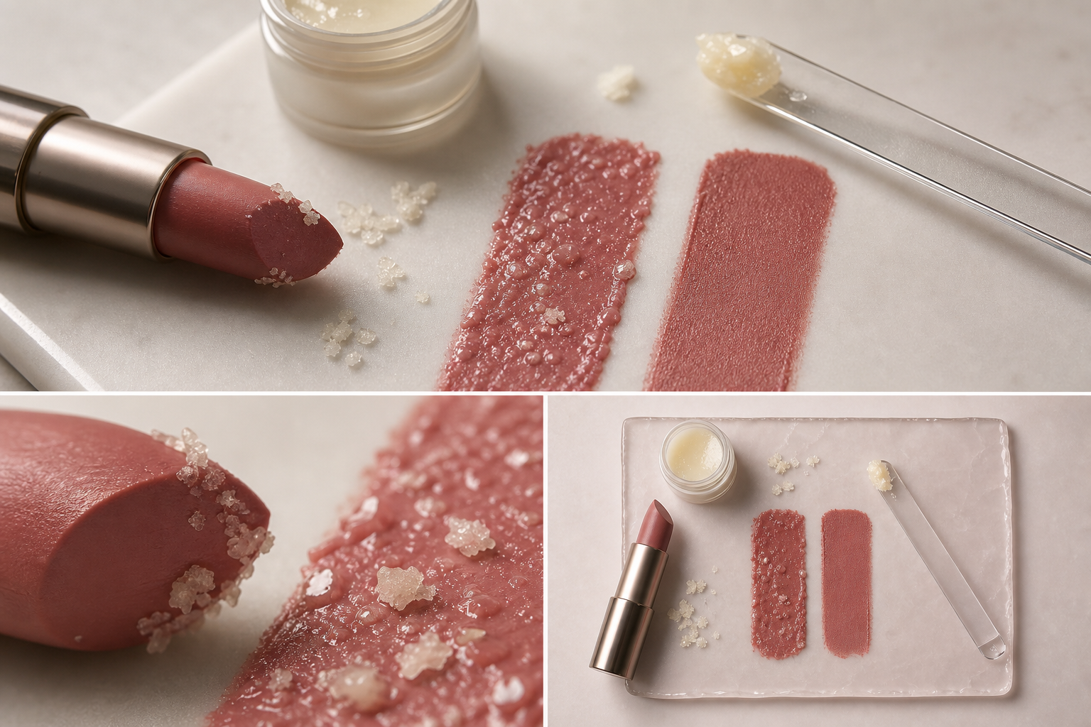 Editorial still life of lip makeup tools and textures on a clean surface