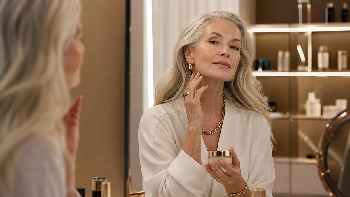 A mature woman applying makeup at a bright vanity mirror.