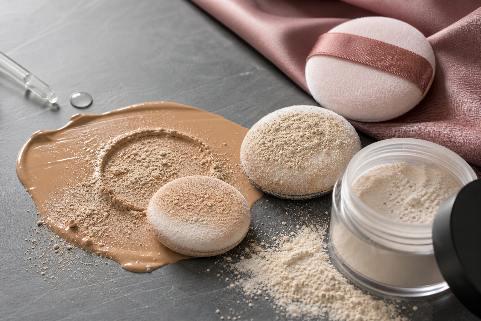 Editorial still life of powder makeup tools and a visible powder smear