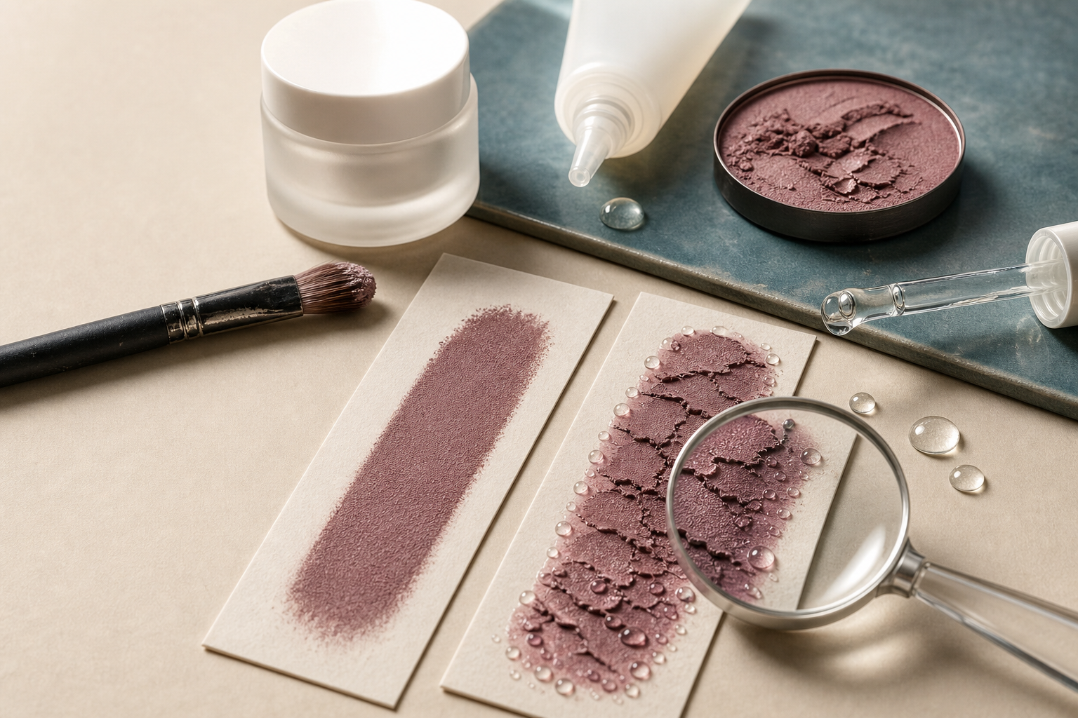 Editorial still life of makeup tools for preventing eyeshadow creasing, including a primer tube, translucent powder and brushes