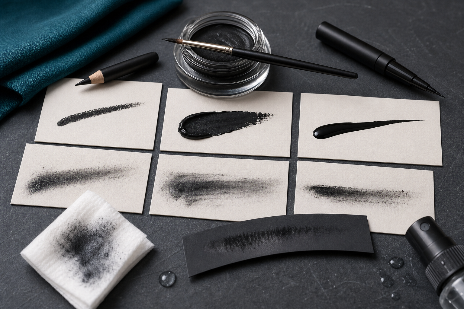 Editorial still life of eyeliner tools with translucent powder on a dark surface