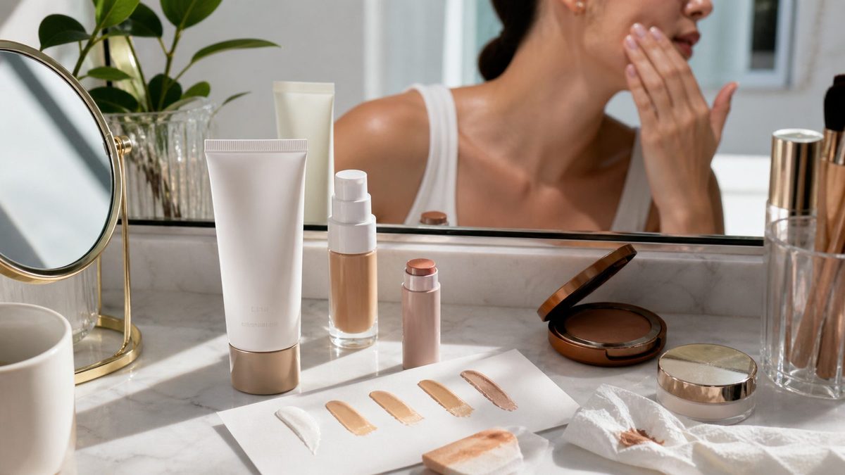 Makeup products and skincare laid out in bright natural daylight.