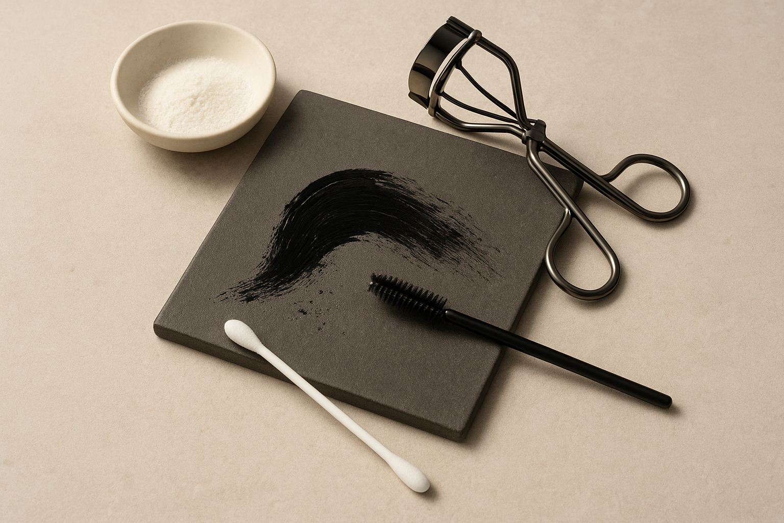 Editorial still life of an eyelash curler, clean spoolie, cotton bud, translucent powder and an abstract black pigment smear suggesting mascara transfer; no people or branding.