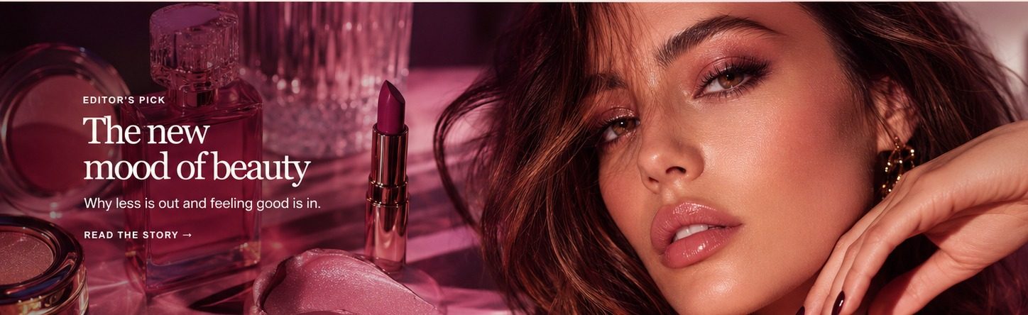 A glossy editorial beauty scene with model, perfume, lipstick and compact in rich plum and riot-pink light.